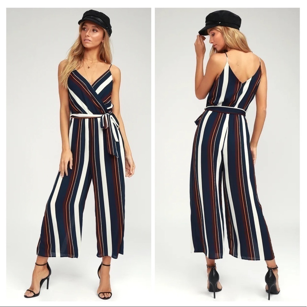 LULU’S Seaside Vibes Navy Blue Striped Culotte Jumpsuit